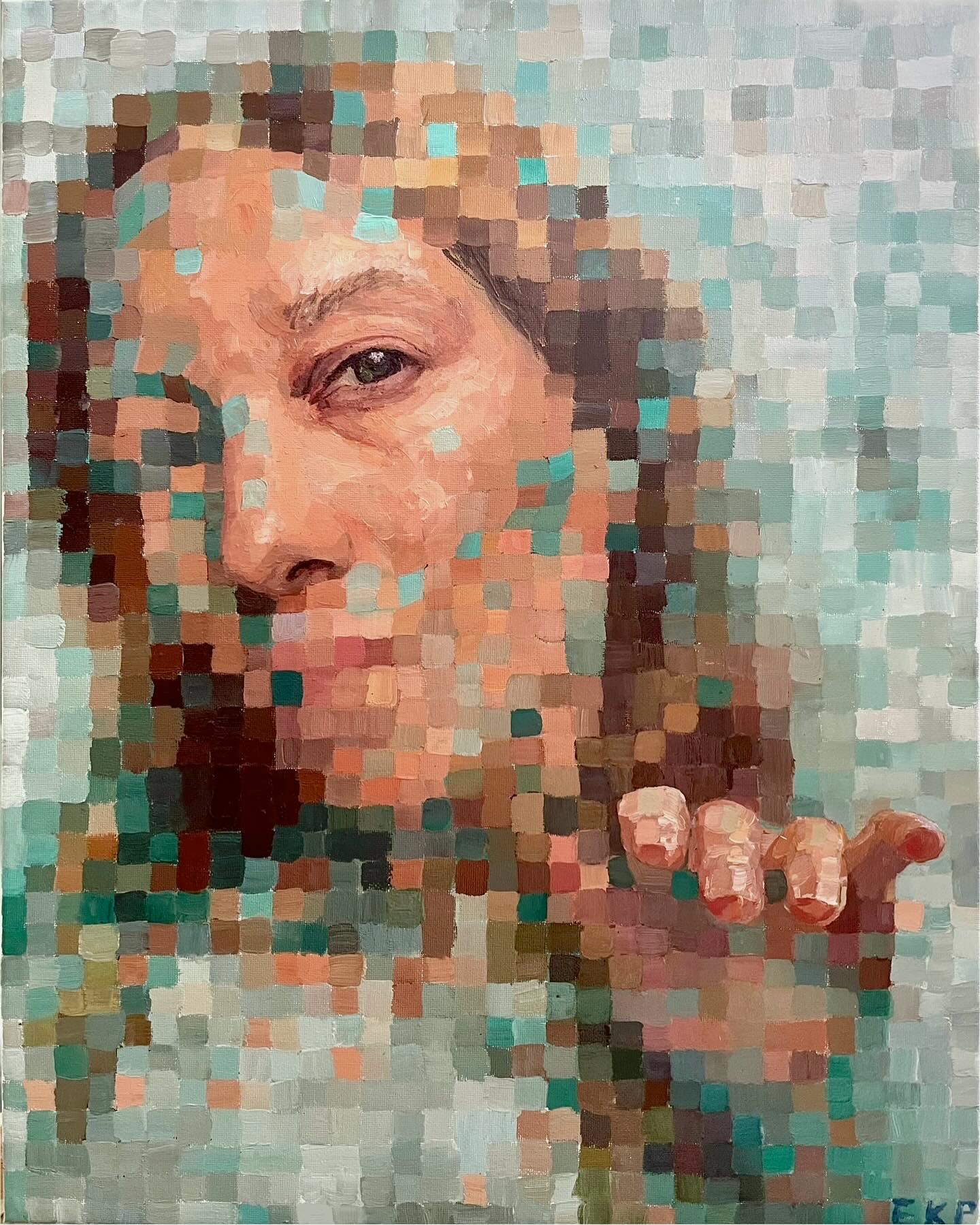 Pixelated portrait of a face in muted peach, teal, brown, and pale blue squares.
