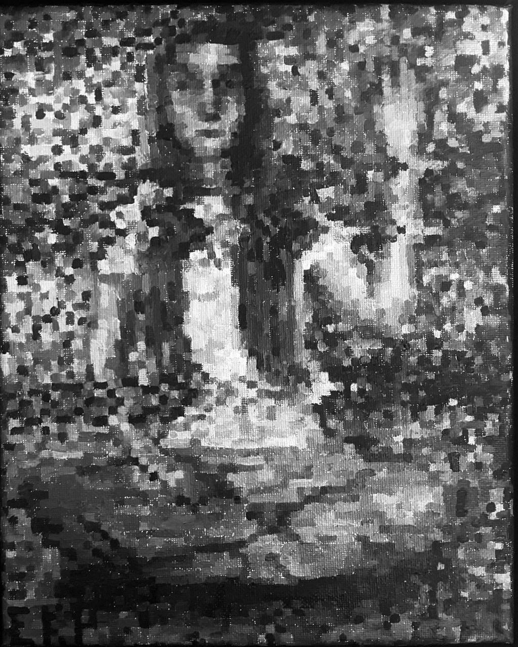 Grayscale pixelated image of someone waving
