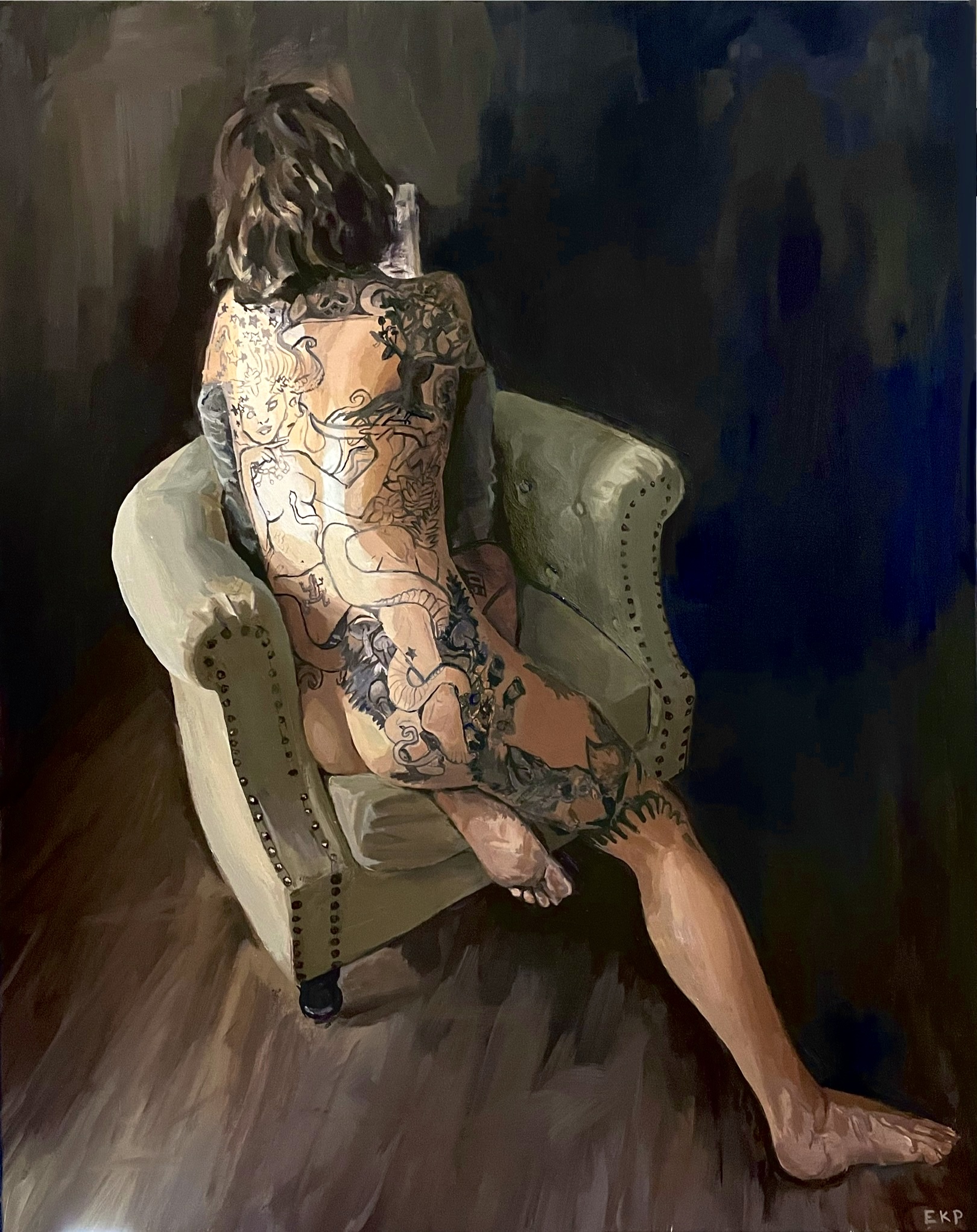 Ink, painting of a tattooed figure seated in an armchair against a dark blue background.