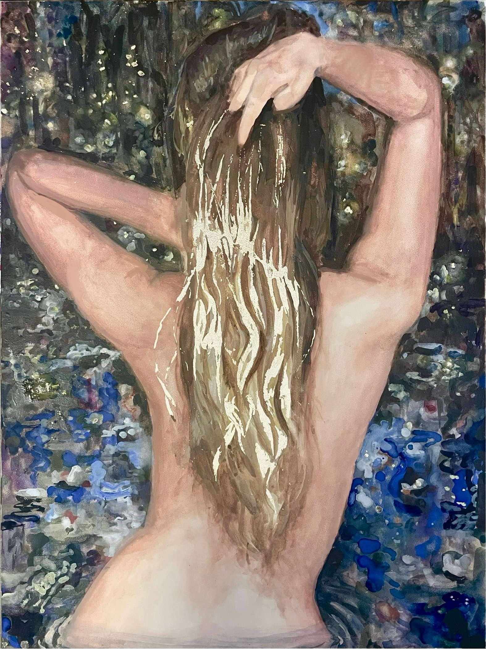 Painting of a nude figure seen from behind, with long hair and both hands raised into the hair.