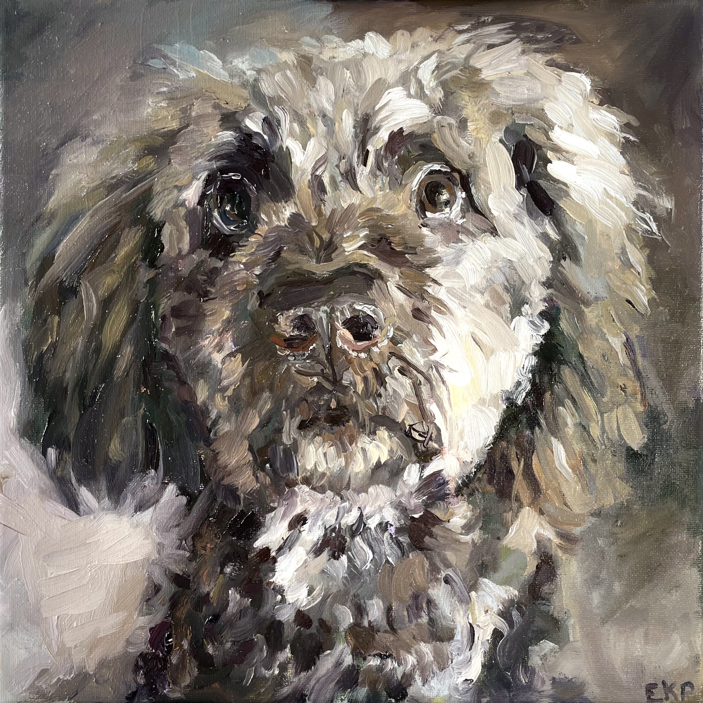 Painting of a scruffy gray dog facing forward, rendered with loose textured brushstrokes.