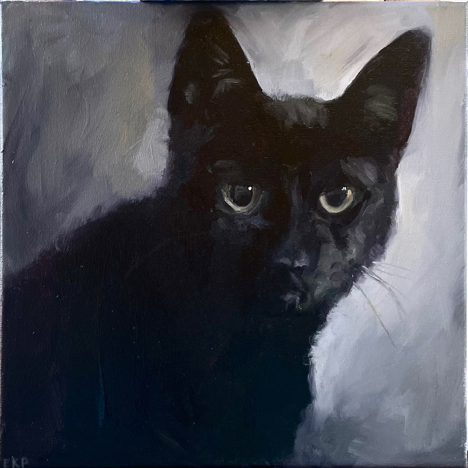 Painting of a black cat with yellow-green eyes against a soft graybackground