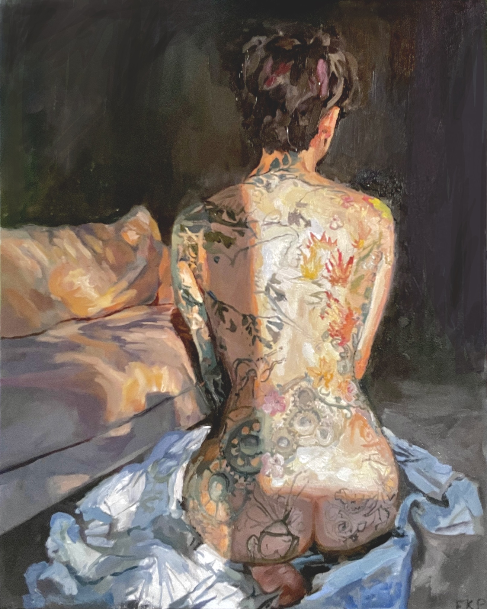 Painting of a tattooed figure seated with their back turned, surrounded by muted pink, gray, and blue tones.